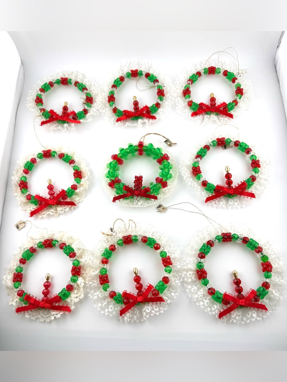 9 vintage handmade beaded wreath ornaments